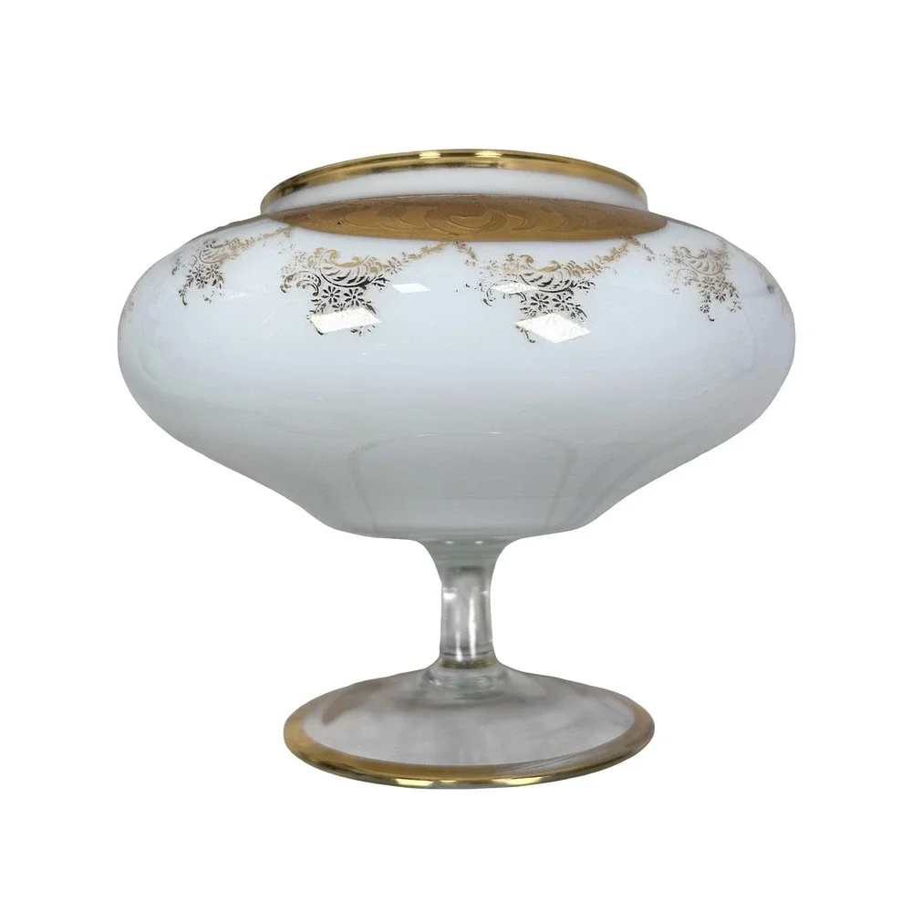 Vintage‎ Empoli Circus Tent Italy White Milk Glass Gold Encrusted Candy Dish Lid